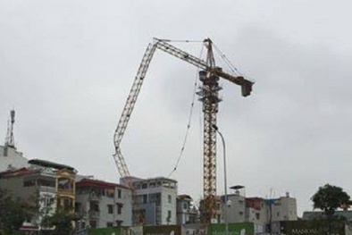 Cần cẩu đang hoạt động bất ngờ gãy gập hướng ra đường