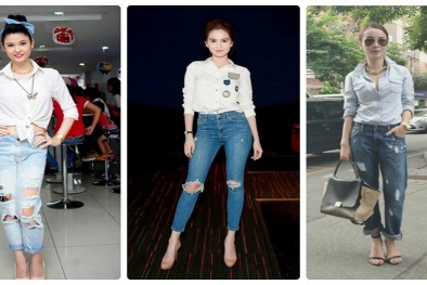 Mẹo phối quần jeans rách với áo sơ mi sành điệu như sao Việt