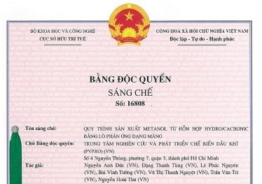  Cục Sở hữu trí tuệ cấp bằng độc quyền sáng chế cho Quy trình sản xuất Metanol