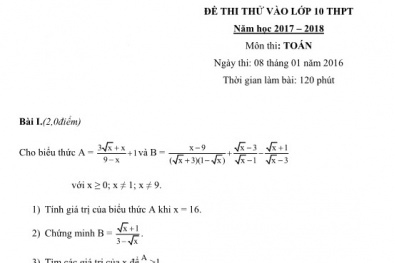 Đáp án đề thi thử môn Toán tuyển sinh vào lớp 10 năm học 2017 – 2018