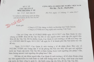 Nước sinh hoạt nhiễm asen tại Tân Tây Đô: Công văn hỏa tốc từ Cục Quản lý 13 Win bet cá cược trực tuyến Y tế
