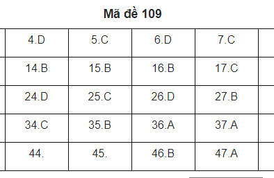 Đáp án đề thi môn Toán tốt nghiệp THPT quốc gia mã đề 106, 107, 108, 109, 110