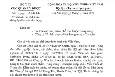 Đình chỉ lưu hành, thu hồi thuốc viên Cetirizine kém chất lượng