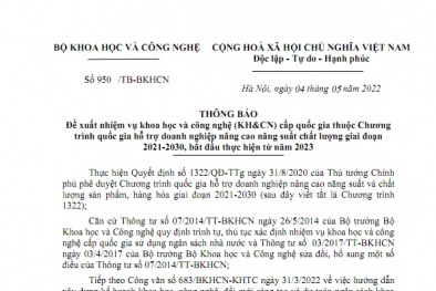 Đề xuất nhiệm vụ KH&CN cấp quốc gia thuộc chương trình 1322 giai đoạn 2021 -2030, bắt đầu thực hiện từ năm 2023