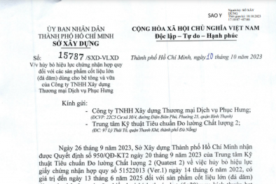 Sản phẩm của Công ty TNHH Xây dựng Thương mại Dịch vụ Phục Hưng chưa đủ điều kiện lưu thông